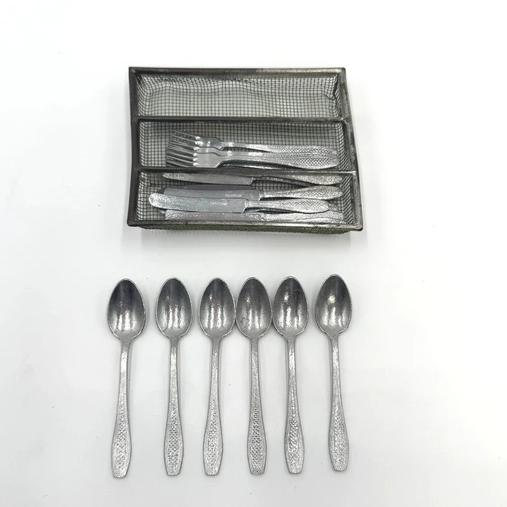Vintage‎ German Dollhouse Metal Flatware Set – 18 Pieces + Wire Tray